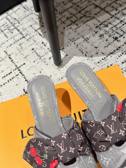 LOUIS VUITTON LV CHERRY HIGH HEELS 25S IN DARK GREY DENIM WITH BOW STYLE 7