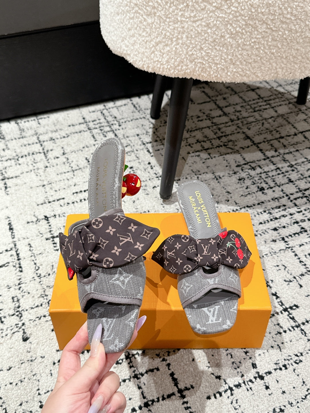 LOUIS VUITTON LV CHERRY HIGH HEELS 25S IN DARK GREY DENIM WITH BOW STYLE 7