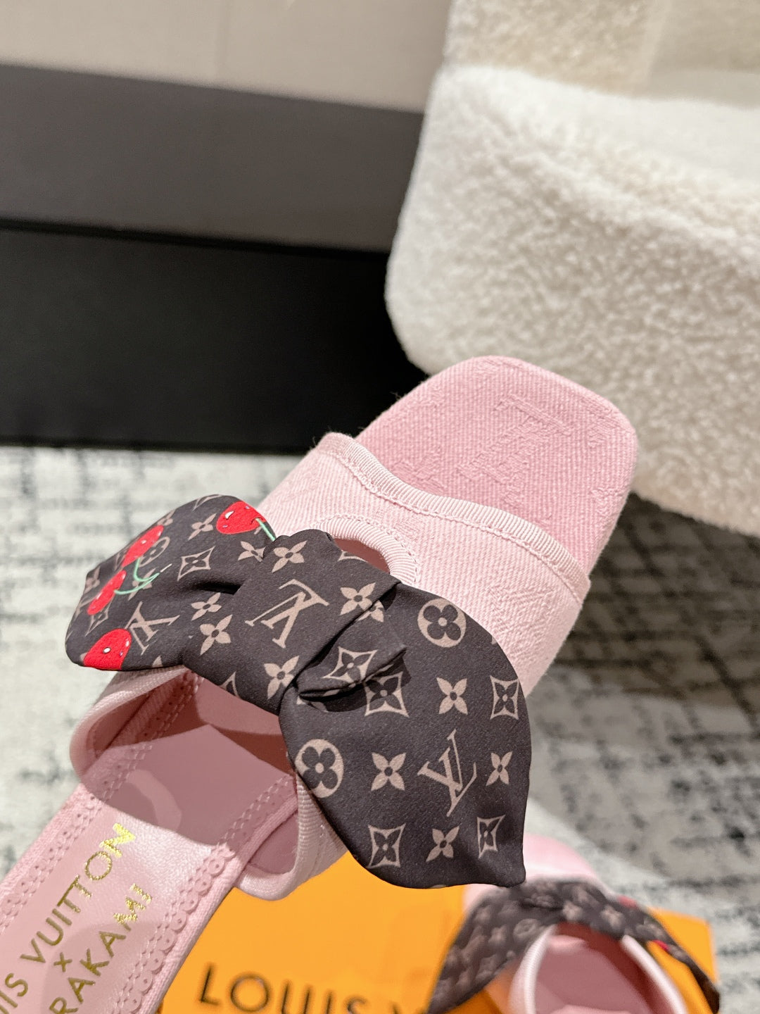 LOUIS VUITTON LV CHERRY HIGH HEELS 25S IN LIGHT PINK DENIM WITH BOW STYLE 6