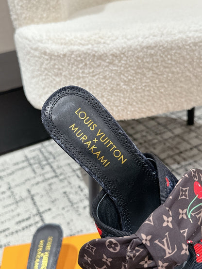 LOUIS VUITTON LV CHERRY HIGH HEELS 25S IN NAVY BLUE DENIM WITH BOW STYLE 2