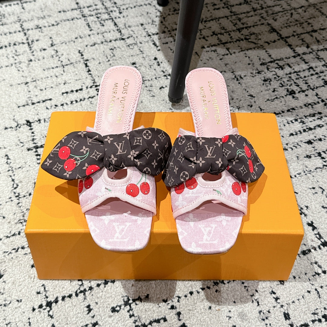 LOUIS VUITTON LV CHERRY HIGH HEELS 25S IN LIGHT PINK DENIM WITH BOW STYLE 4
