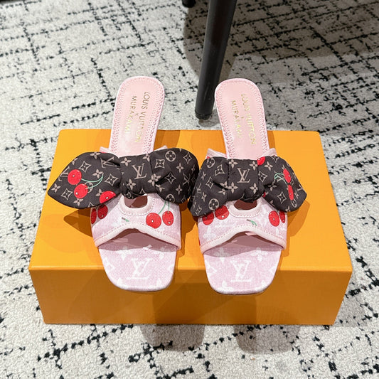 LOUIS VUITTON LV CHERRY HIGH HEELS 25S IN LIGHT PINK DENIM WITH BOW STYLE 4