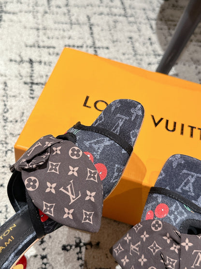 LOUIS VUITTON LV CHERRY HIGH HEELS 25S IN NAVY BLUE DENIM WITH BOW STYLE 2