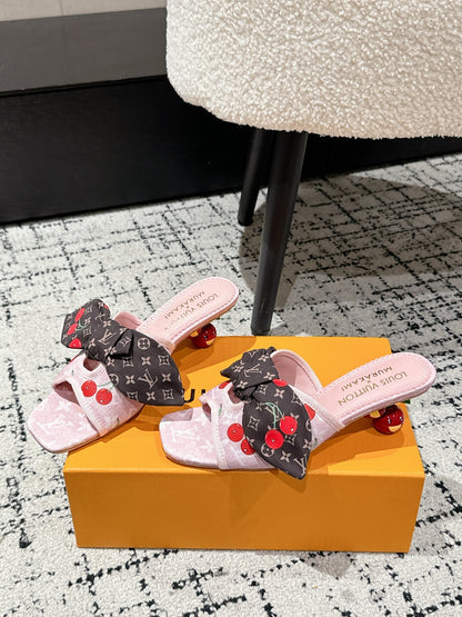 LOUIS VUITTON LV CHERRY HIGH HEELS 25S IN LIGHT PINK DENIM WITH BOW STYLE 4