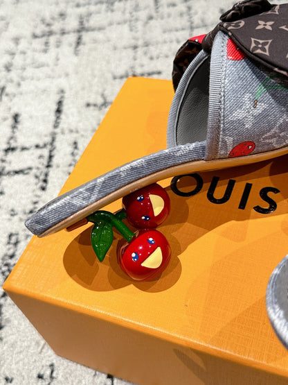 LOUIS VUITTON LV CHERRY HIGH HEELS 25S IN GREY DENIM WITH BOW STYLE 1