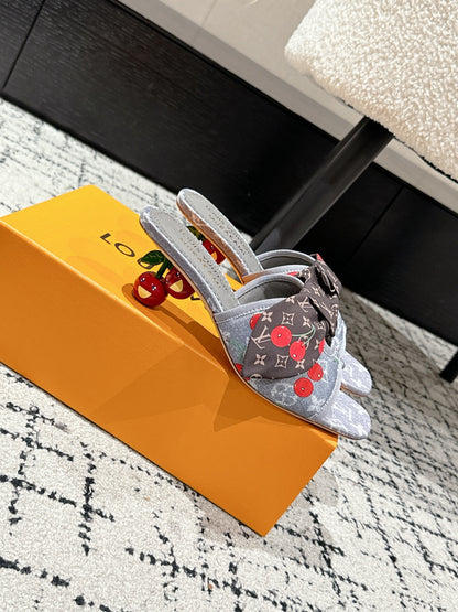 LOUIS VUITTON LV CHERRY HIGH HEELS 25S IN GREY DENIM WITH BOW STYLE 1