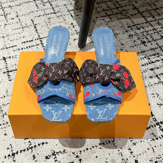 LOUIS VUITTON LV CHERRY HIGH HEELS 25S IN BLUE DENIM WITH BOW STYLE 3