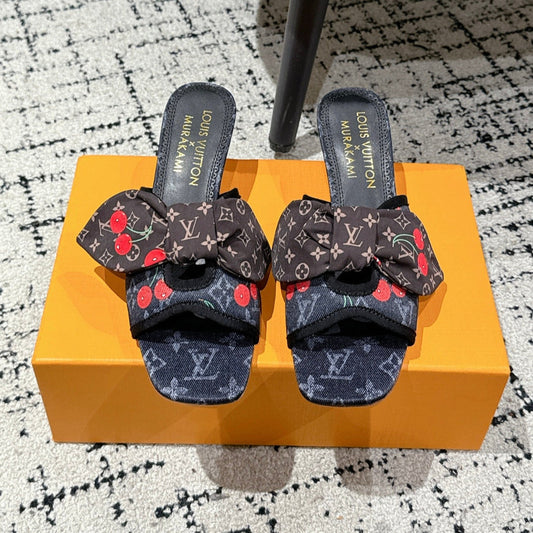 LOUIS VUITTON LV CHERRY HIGH HEELS 25S IN NAVY BLUE DENIM WITH BOW STYLE 2