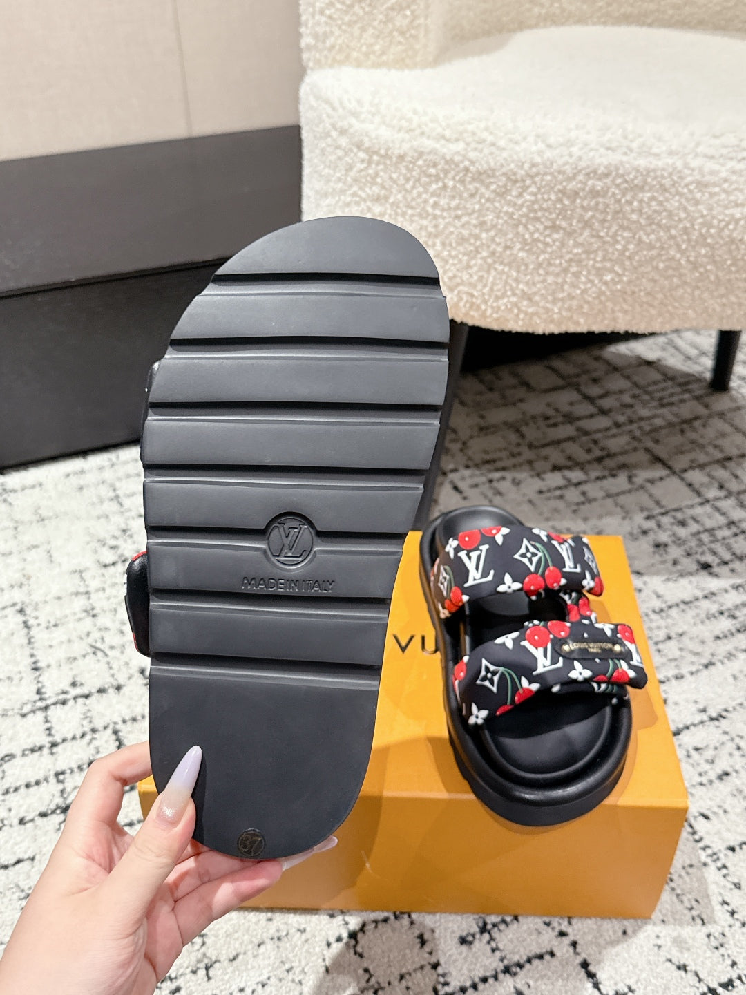 LOUIS VUITTON LV TWO-STRAP SLIDES 25S IN BLACK FABRIC AND CALFSKIN