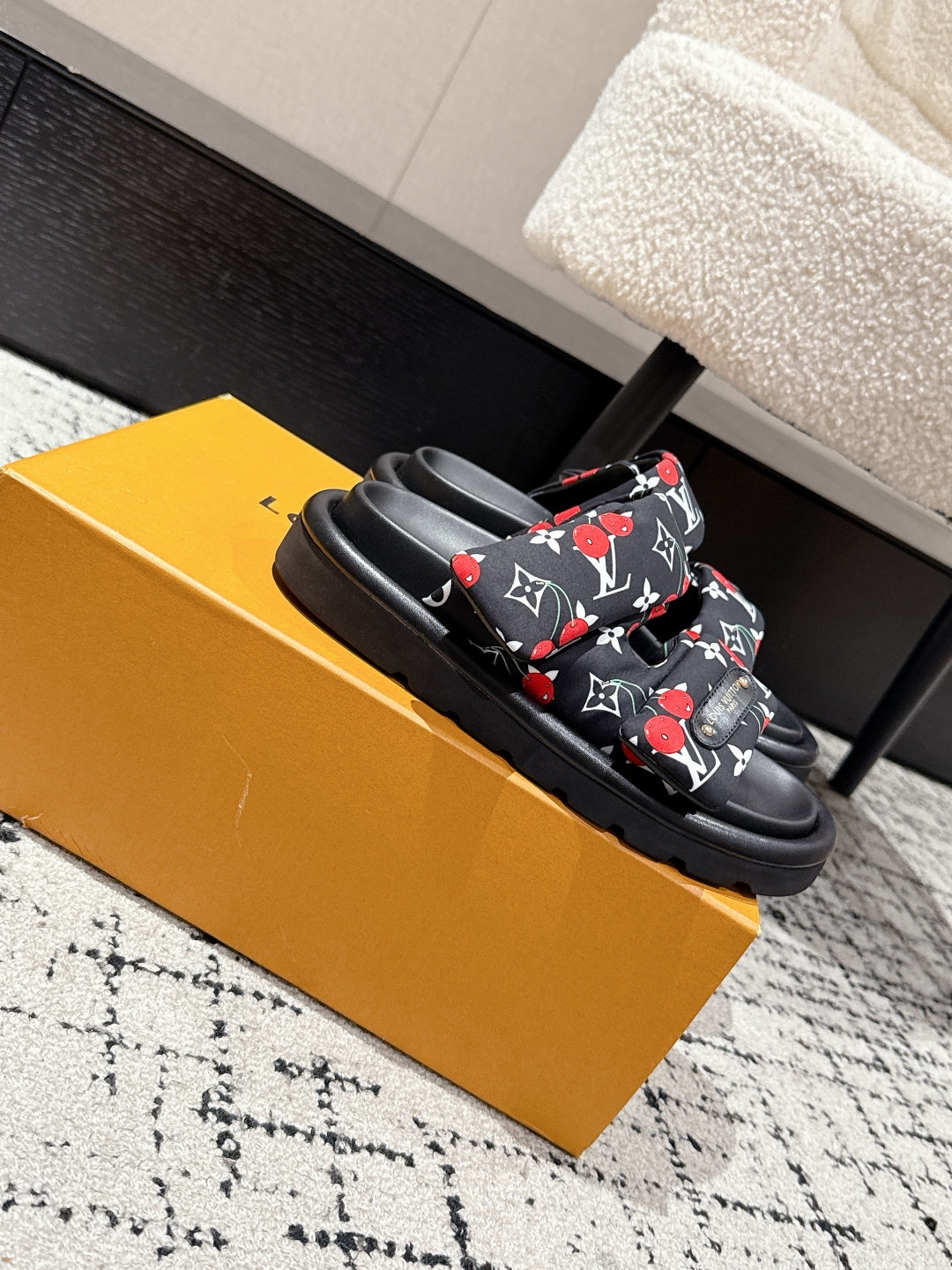 LOUIS VUITTON LV TWO-STRAP SLIDES 25S IN BLACK FABRIC AND CALFSKIN