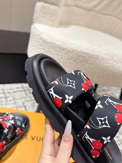 LOUIS VUITTON LV TWO-STRAP SLIDES 25S IN BLACK FABRIC AND CALFSKIN