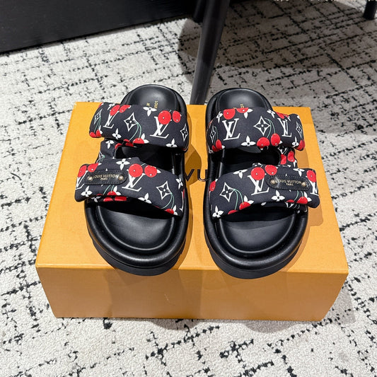 LOUIS VUITTON LV TWO-STRAP SLIDES 25S IN BLACK FABRIC AND CALFSKIN