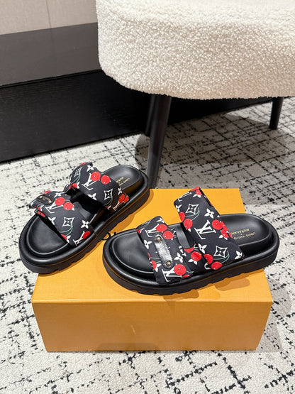 LOUIS VUITTON LV TWO-STRAP SLIDES 25S IN BLACK FABRIC AND CALFSKIN