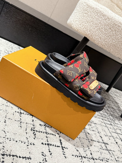 LOUIS VUITTON LV MIAMI-STYLE SANDALS 25S IN BROWN FABRIC AND BLACK CALFSKIN