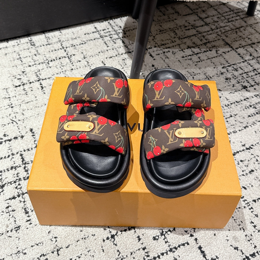 LOUIS VUITTON LV MIAMI-STYLE SANDALS 25S IN BROWN FABRIC AND BLACK CALFSKIN