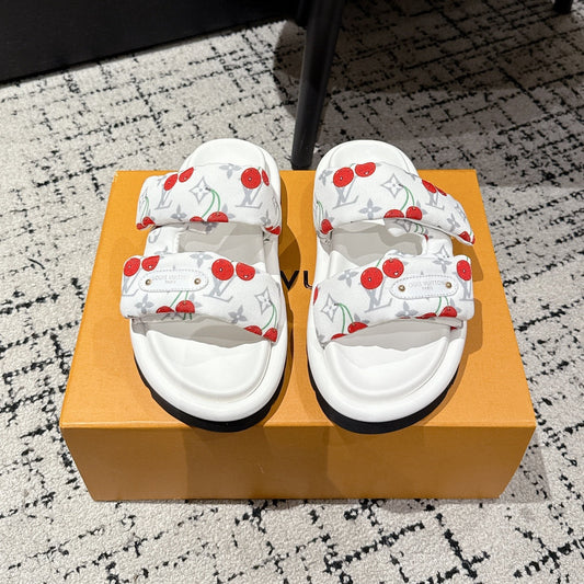 LOUIS VUITTON LV TWO-STRAP SLIDES 25S IN WHITE FABRIC AND CALFSKIN