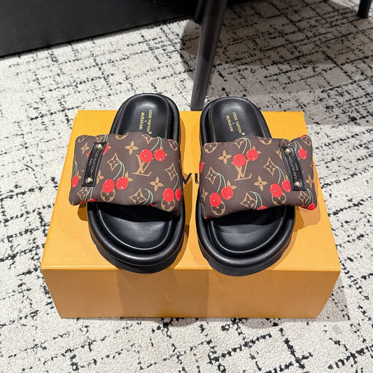 LOUIS VUITTON LV MIAMI-STYLE SANDALS 25S IN BROWN FABRIC AND BLACK CALFSKIN