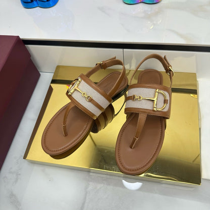GUCCI FLAT THONG SANDALS WITH ANKLE STRAP IN BROWN LAMBSKIN AND WHITE FABRIC