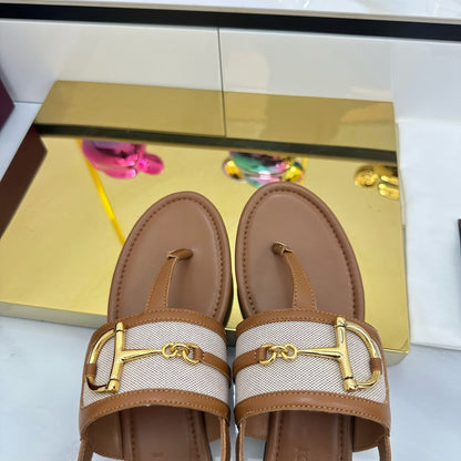 GUCCI FLAT THONG SANDALS WITH ANKLE STRAP IN BROWN LAMBSKIN AND WHITE FABRIC