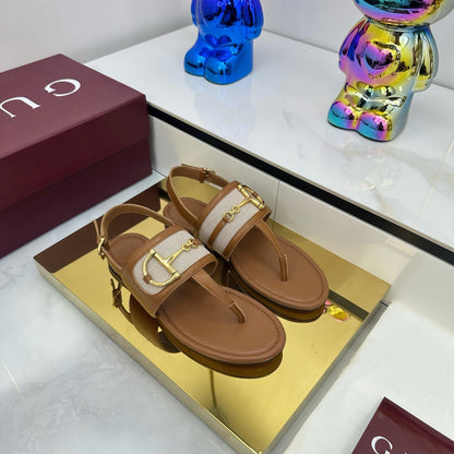GUCCI FLAT THONG SANDALS WITH ANKLE STRAP IN BROWN LAMBSKIN AND WHITE FABRIC
