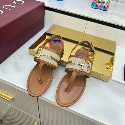 GUCCI FLAT THONG SANDALS WITH ANKLE STRAP IN BROWN LAMBSKIN AND WHITE FABRIC