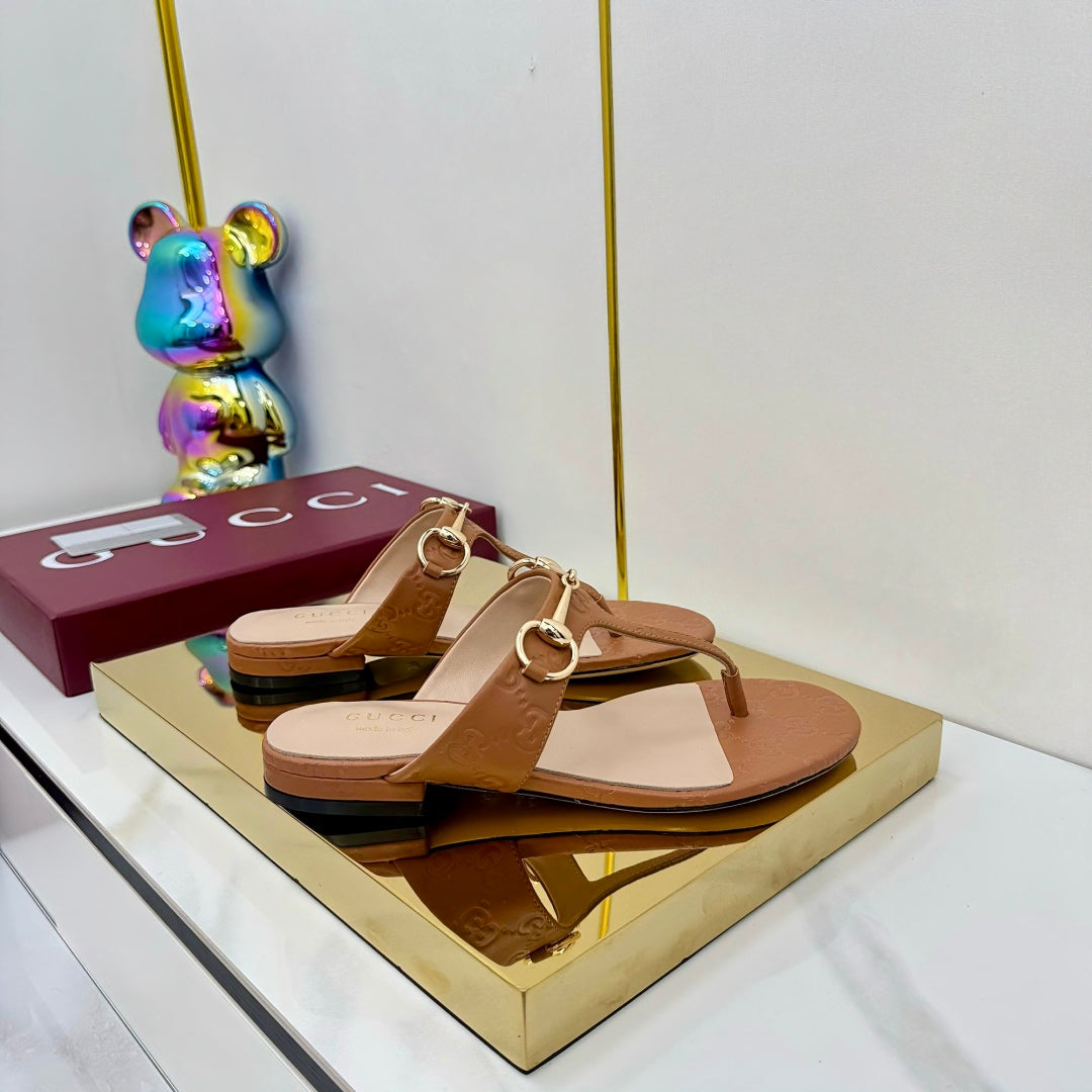 GUCCI THONG SANDALS 25S IN BROWN LAMBSKIN WITH GOLD HARDWARE