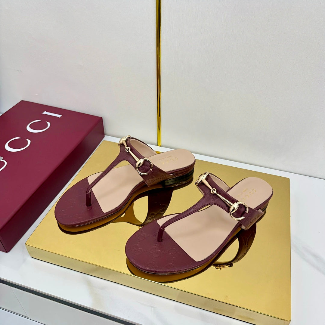 GUCCI THONG SANDALS 25S IN DARK RED LAMBSKIN WITH GOLD HARDWARE
