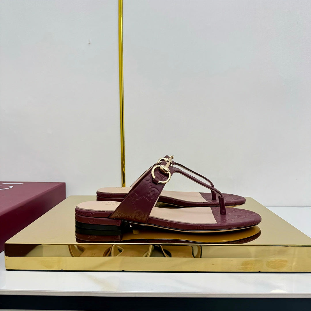 GUCCI THONG SANDALS 25S IN DARK RED LAMBSKIN WITH GOLD HARDWARE