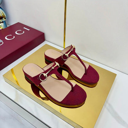 GUCCI THONG SANDALS 25S IN RED LAMBSKIN MIX CANVAS WITH GOLD HARDWARE