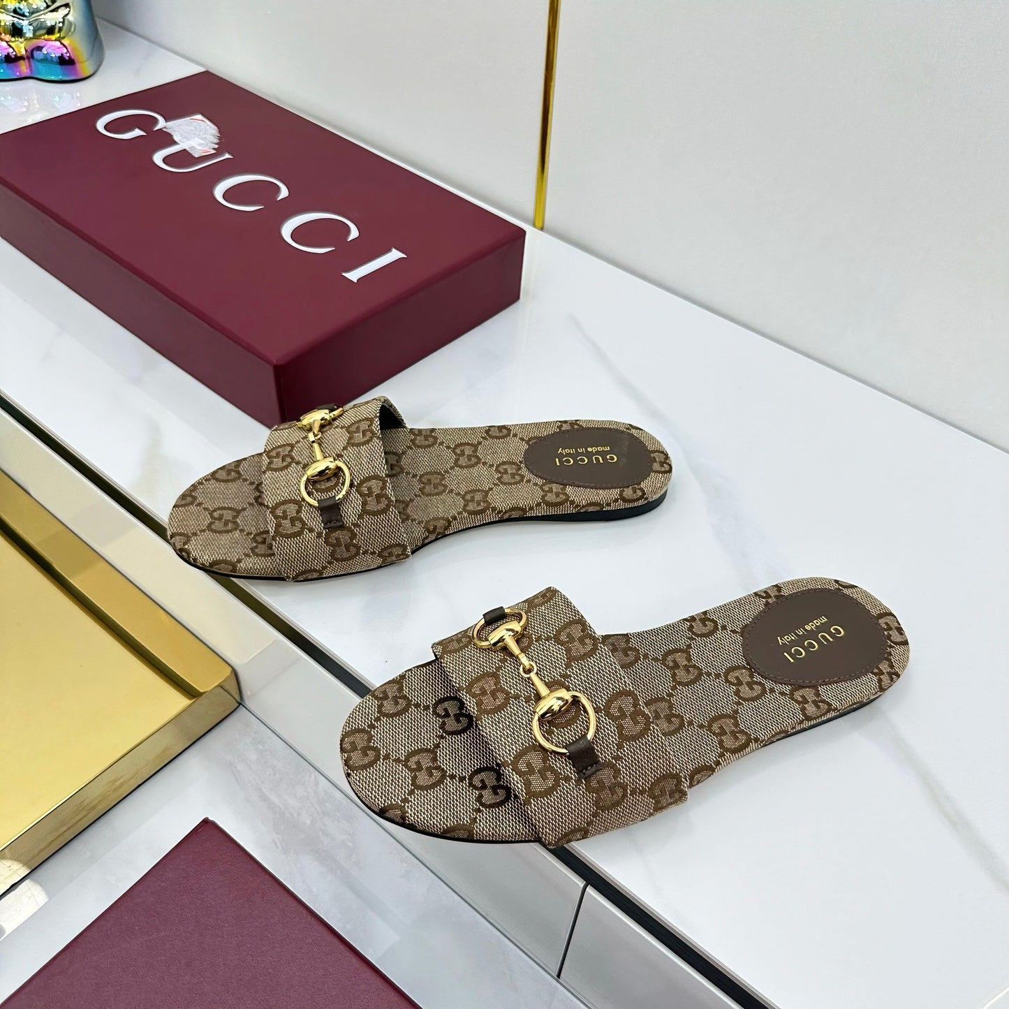 GUCCI SLIDES IN DARK BEIGE WITH GOLD HARDWARE