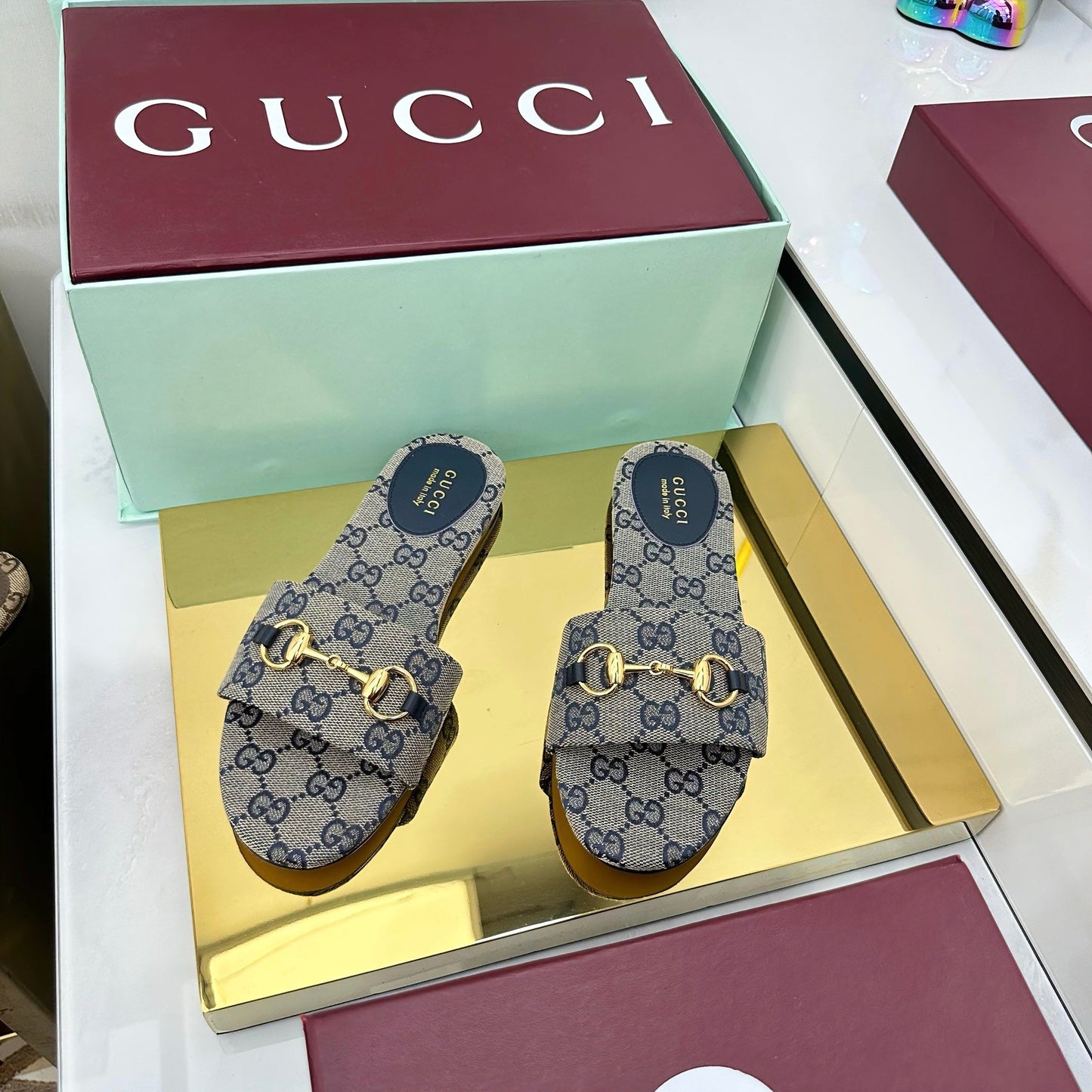 GUCCI SLIDES IN STONE GREY WITH GOLD HARDWARE