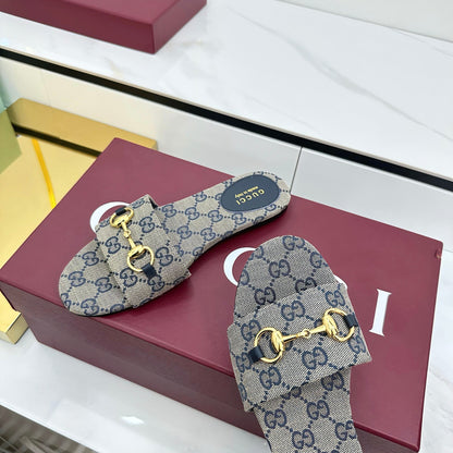 GUCCI SLIDES IN STONE GREY WITH GOLD HARDWARE