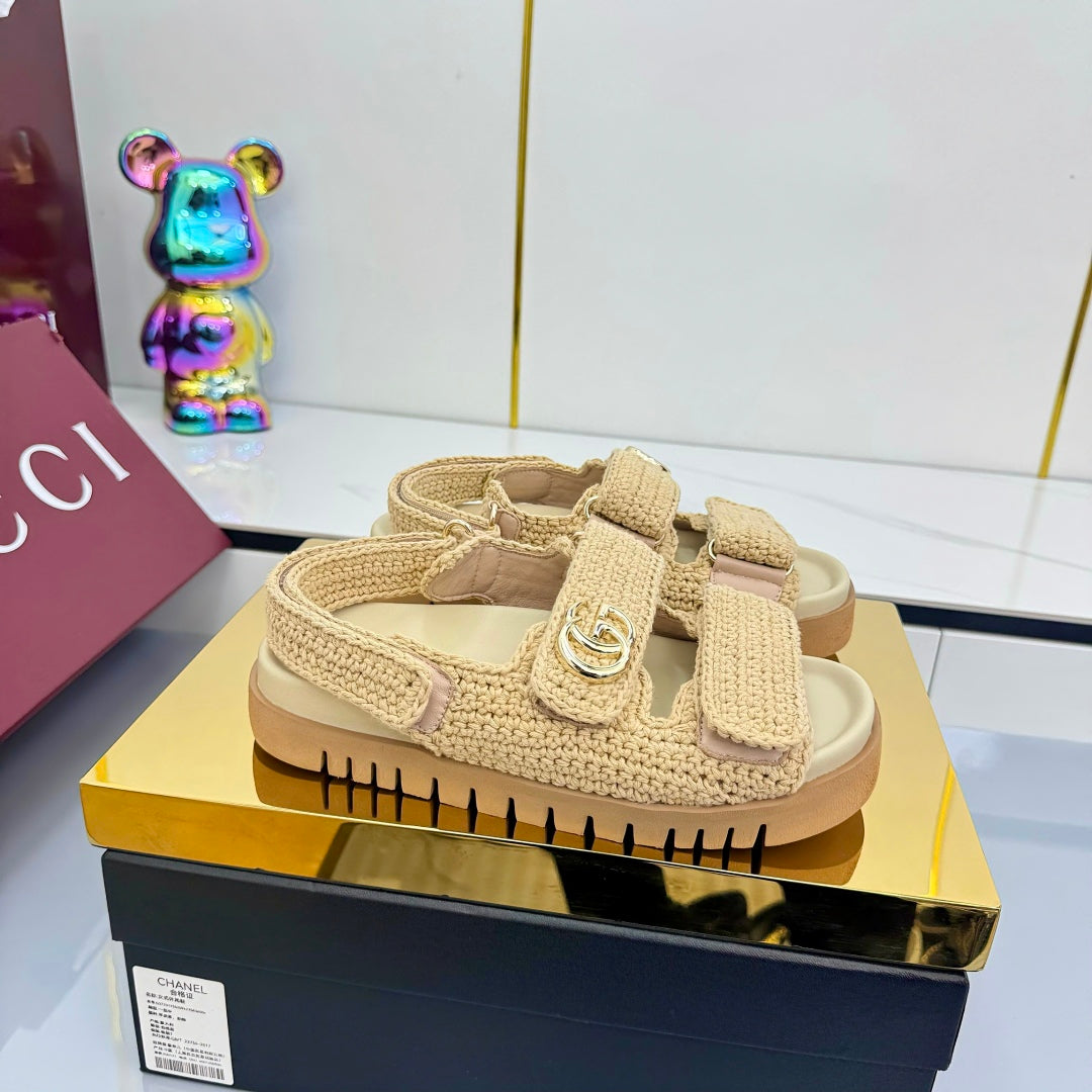GUCCI SANDALS 25S IN NATURAL STRAW CROCHET COTTON FABRIC