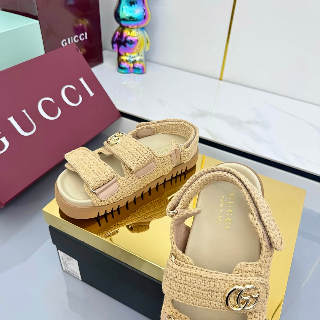 GUCCI SANDALS 25S IN NATURAL STRAW CROCHET COTTON FABRIC