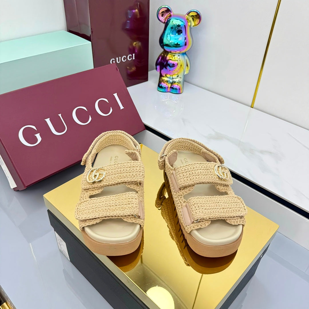 GUCCI SANDALS 25S IN NATURAL STRAW CROCHET COTTON FABRIC