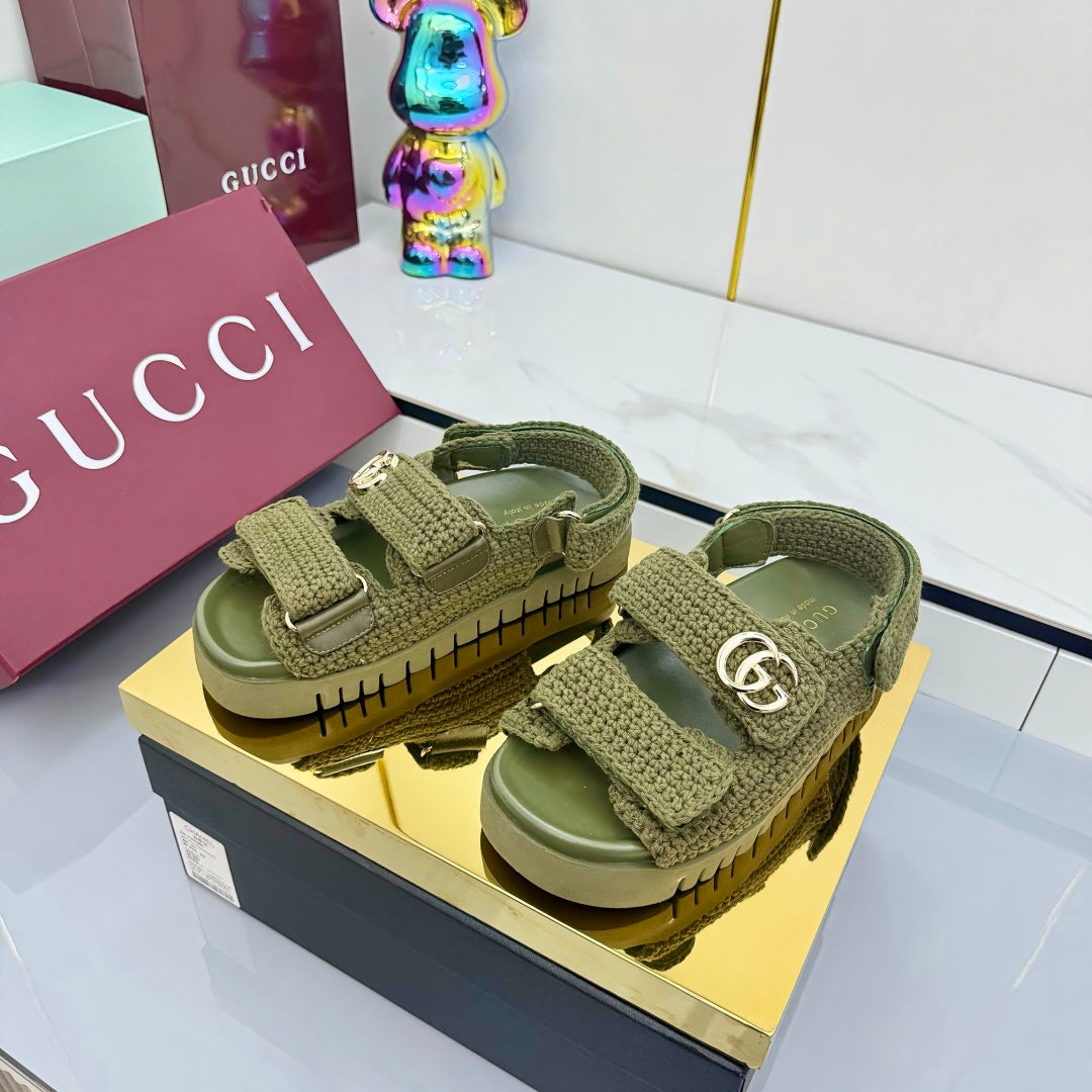 GUCCI SANDALS 25S IN MOSS GREEN CROCHET COTTON FABRIC