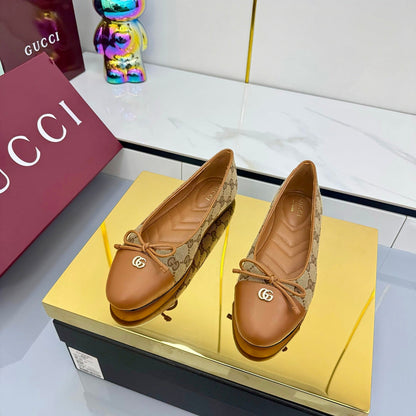 GUCCI BALLET FLATS 25S IN BROWN LAMBSKIN MIX BEIGE CANVAS WITH BOW