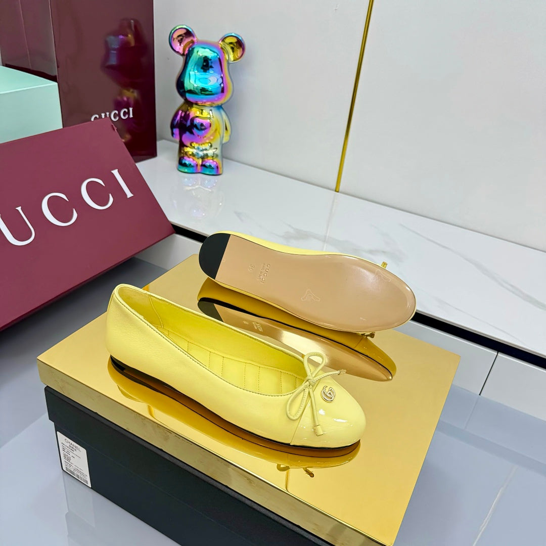 GUCCI BALLET FLATS 25S IN YELLOW LAMBSKIN MIX GLOSSY LEATHER WITH BOW