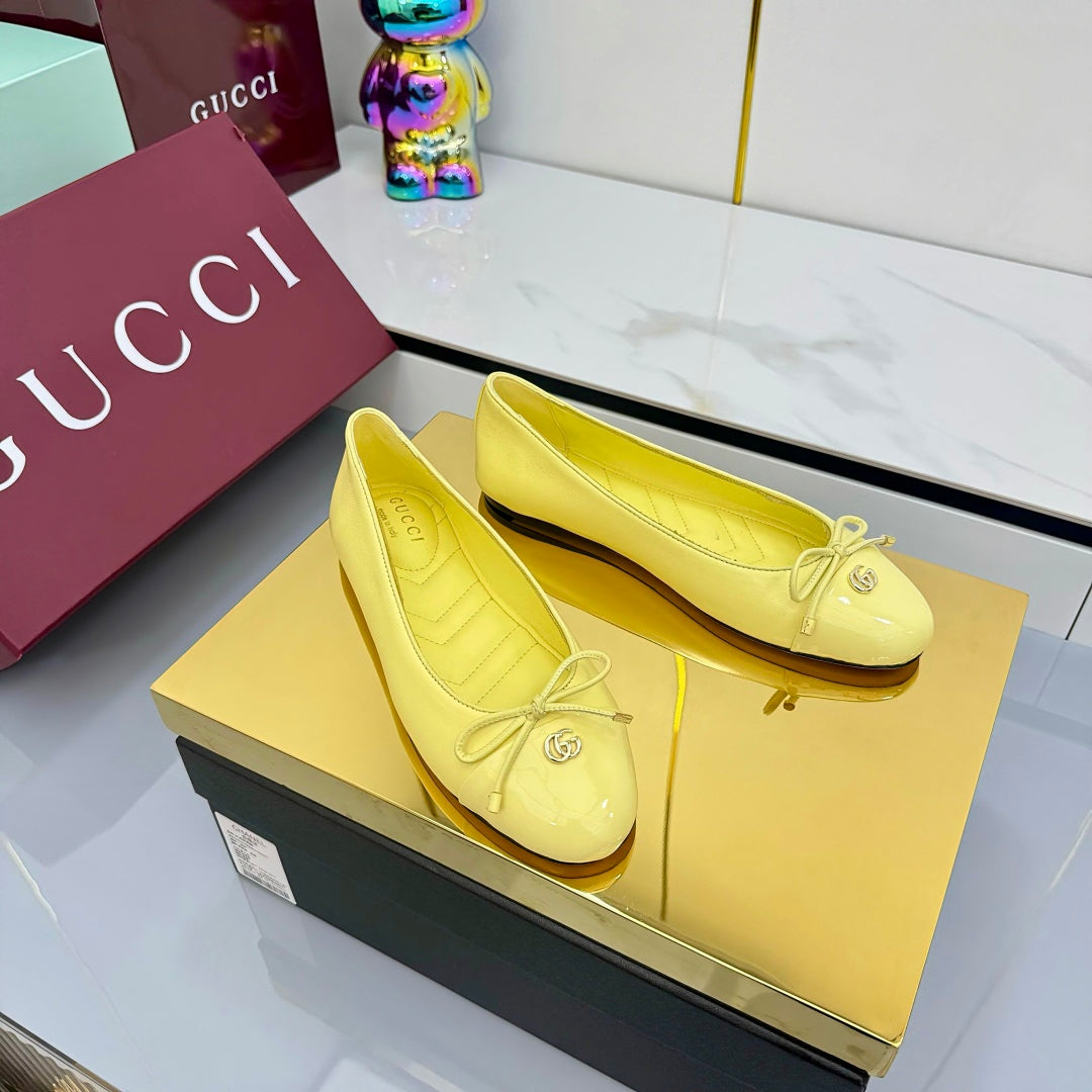 GUCCI BALLET FLATS 25S IN YELLOW LAMBSKIN MIX GLOSSY LEATHER WITH BOW