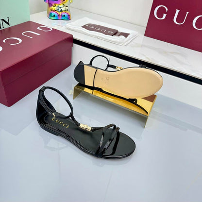 GUCCI THONG SANDALS 25S IN BLACK LAMBSKIN WITH GOLD HARDWARE