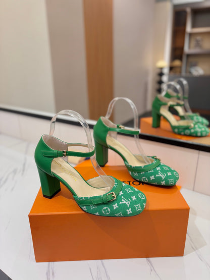 LOUIS VUITTON HIGH SANDALS 8 CM IN EMERALD GREEN MONOGRAM DENIM AND CALFSKIN