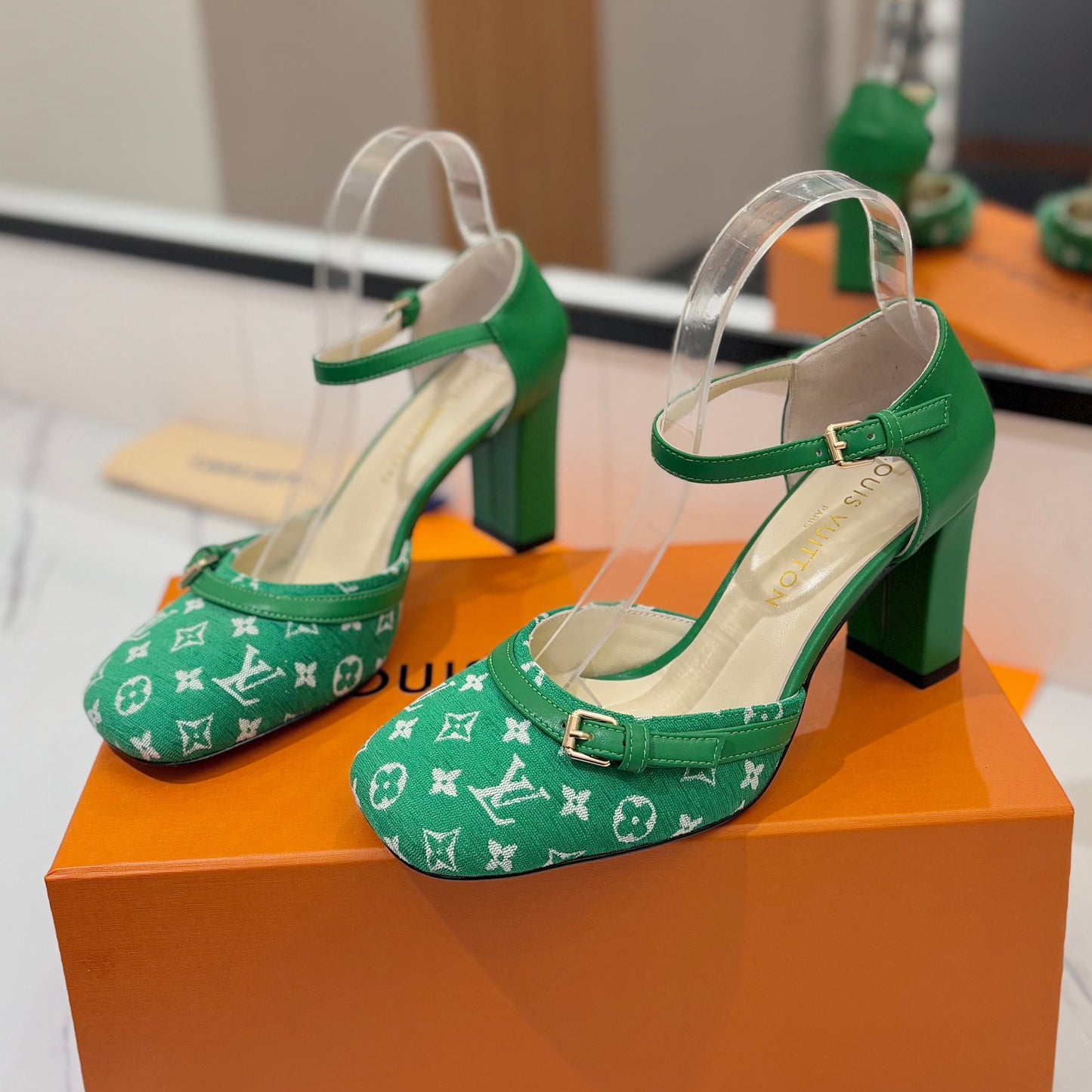 LOUIS VUITTON HIGH SANDALS 8 CM IN EMERALD GREEN MONOGRAM DENIM AND CALFSKIN