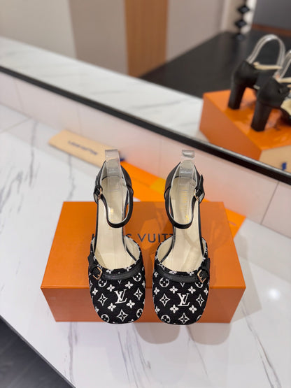 LOUIS VUITTON HIGH SANDALS 8 CM IN BLACK MONOGRAM DENIM AND CALFSKIN