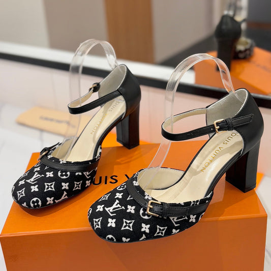 LOUIS VUITTON HIGH SANDALS 8 CM IN BLACK MONOGRAM DENIM AND CALFSKIN
