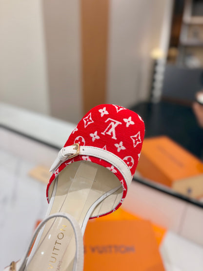 LOUIS VUITTON HIGH SANDALS 8 CM IN CHERRY RED MONOGRAM DENIM AND WHITE CALFSKIN