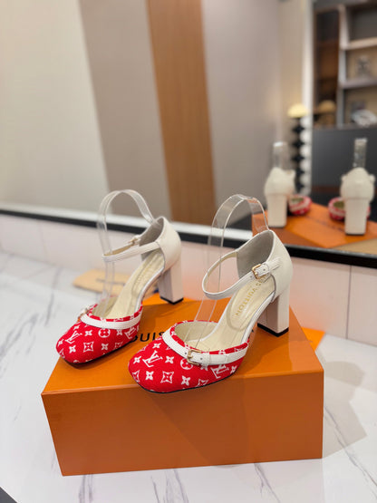LOUIS VUITTON HIGH SANDALS 8 CM IN CHERRY RED MONOGRAM DENIM AND WHITE CALFSKIN