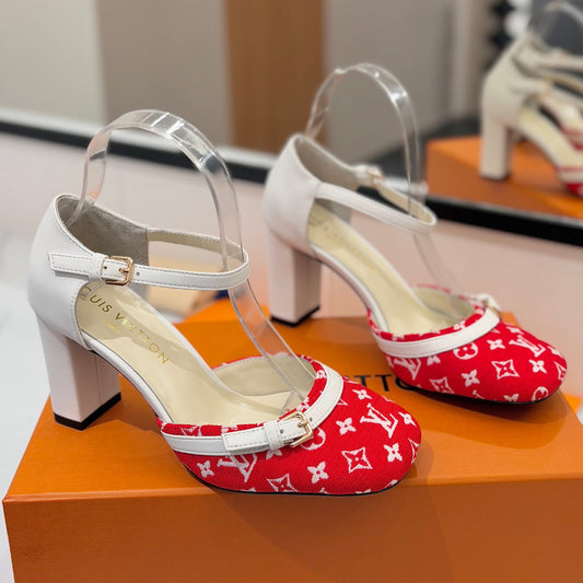 LOUIS VUITTON HIGH SANDALS 8 CM IN CHERRY RED MONOGRAM DENIM AND WHITE CALFSKIN