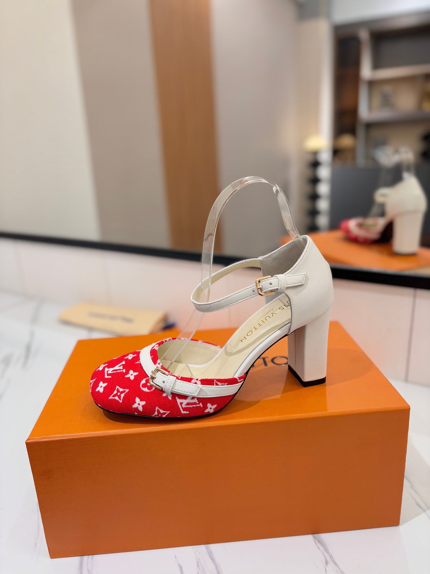 LOUIS VUITTON HIGH SANDALS 8 CM IN CHERRY RED MONOGRAM DENIM AND WHITE CALFSKIN