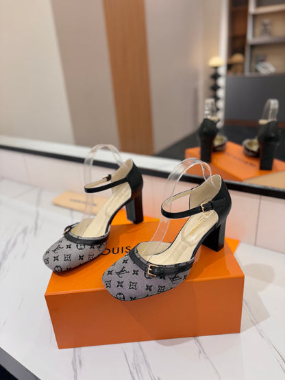 LOUIS VUITTON HIGH SANDALS 8 CM IN COOL GRAY MONOGRAM DENIM AND BLACK CALFSKIN