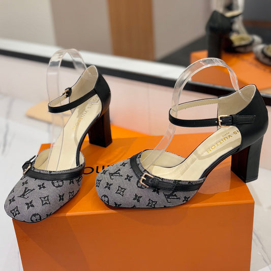 LOUIS VUITTON HIGH SANDALS 8 CM IN COOL GRAY MONOGRAM DENIM AND BLACK CALFSKIN
